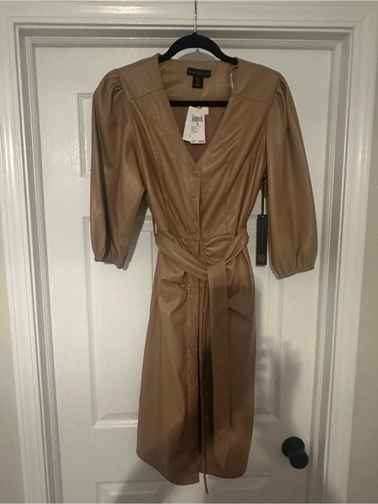 House of Harlow 1960 Tan Faux-Leather Button-Front Midi Dress